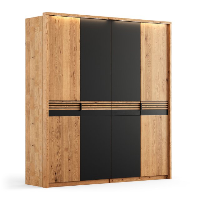 Ravello ZIRAV04D02SZ Kleiderschrank Drehtürenschrank 4-türig 206 cm Massivholz Eiche,geölt/Glas Schwarz