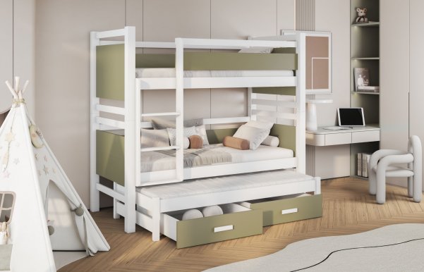 Jony III 80x180 Etagenbett mit 3 Matratzen und 2 Schubladen Weiß/Eucalyptus