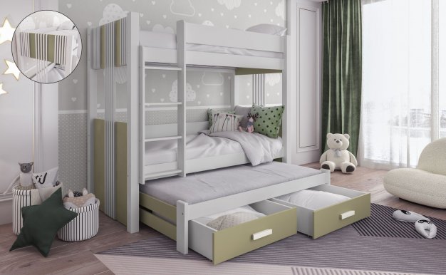 ARTEN III 90x200 Etagenbett mit 3 Matratzen und 2 Schubladen Weiß/Eucalyptus